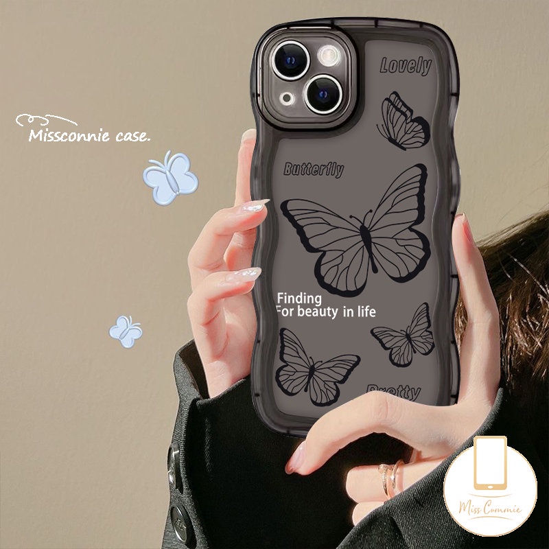 IPHONE Casing Ponsel Bunga Kupu-Kupu Hitam Retro Mewah Kompatibel Untuk Iphone6 6s 8 7 Plus 11 Pro Max XR 14 13 12 Pro Max 14 Plus X XS Max SE 2020 Lembut TPU Tepi Bergelombang Anti Jatuh Full Case