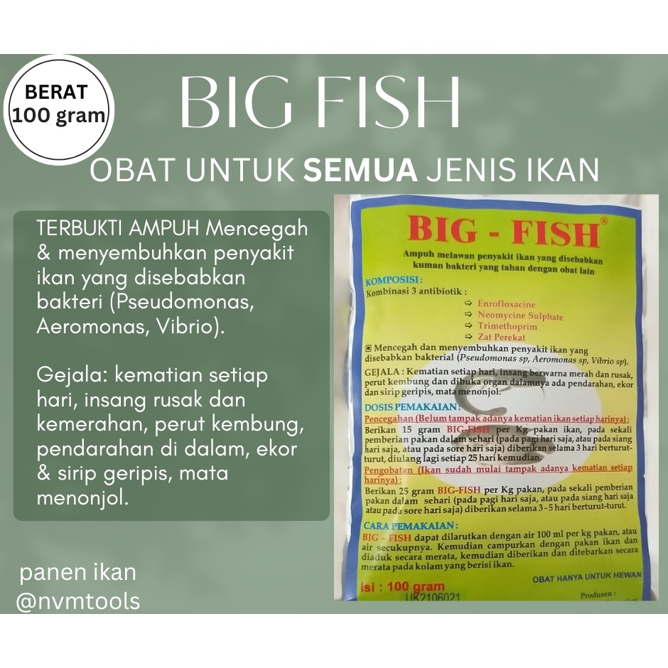 Obat Ikan Big Fish 100 Gram Untuk Segala Jenis Ikan Air Tawar (Nila, Lele, Mas, Patin, Gabus, Ikan H