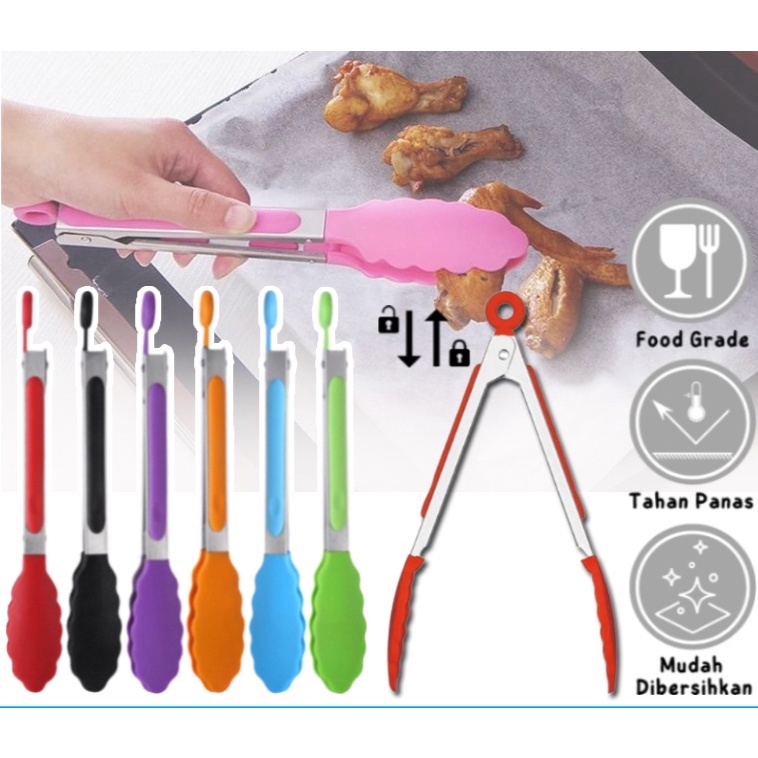 penjepit gorengan/Penjepit Makanan Silicone stainless / Capitan Salad Buah Gorengan Kue Roti Bakpao Mie Anti Lengket / Pinset Alat Jepitan Makanan Plastik Tahan Panas Food Tongs Serbaguna ORIGINAL
