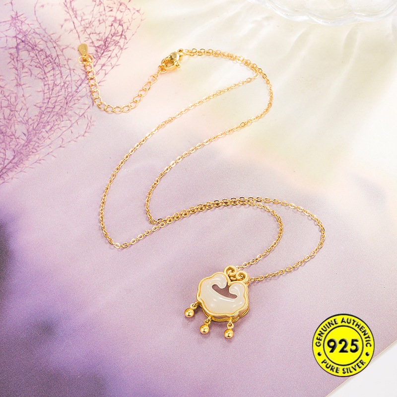 Kalung Rantai Lapis Emas 18K Dengan Liontin Batu Giok Hetian Gaya Cina Untuk Wanita U1386