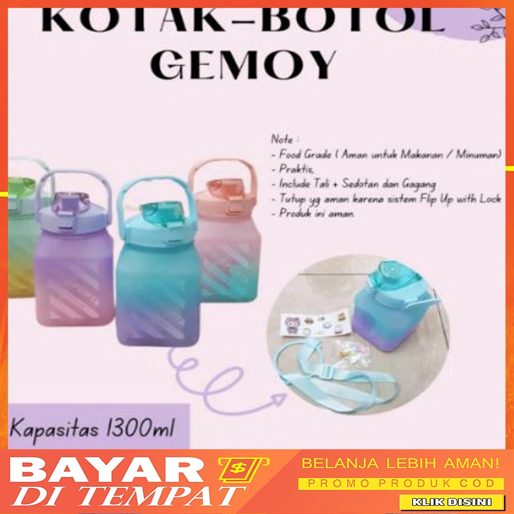 Botol Gemoy Kotak Gradasi Viral 1300ML Free Sticker Dan Tali