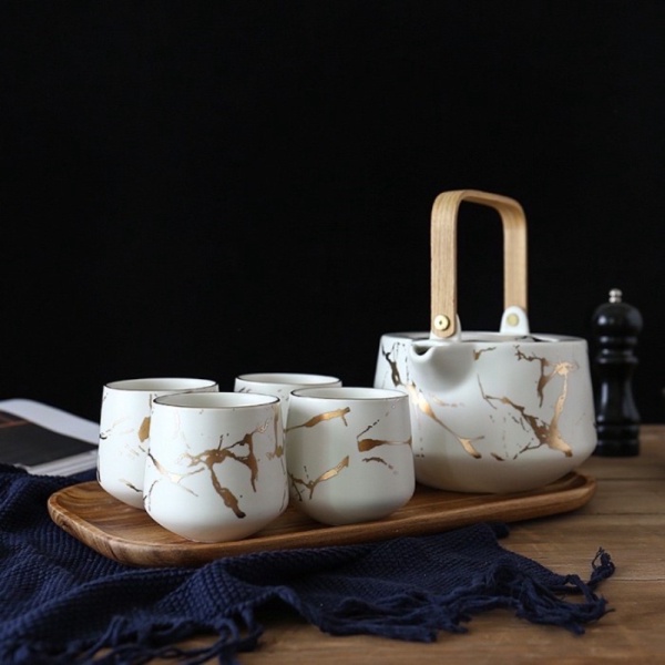 Promo Luxury Gift Set Marble Tea Set Japanese / Set Teko Teh Jepang Marbel - Putih Diskon