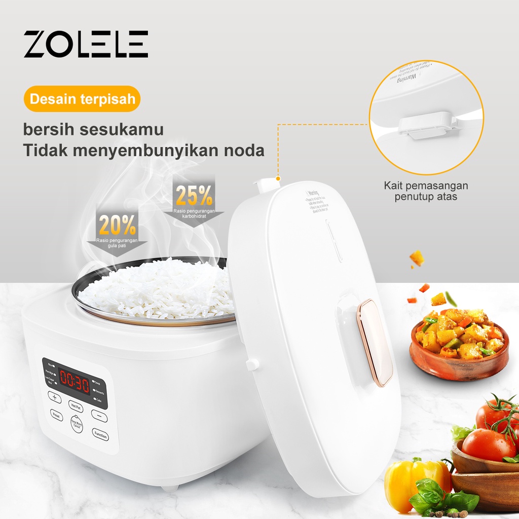 ZOLELE Smart Rice Cooker Micro Digital Besar 1.2L Penanak Nasi Hangat Low Carbo 3-5 Porsi Alat Masak Nasi Processor Cooker Low Sugar Penanak Elektrik Multi Cooking Pot ZB500