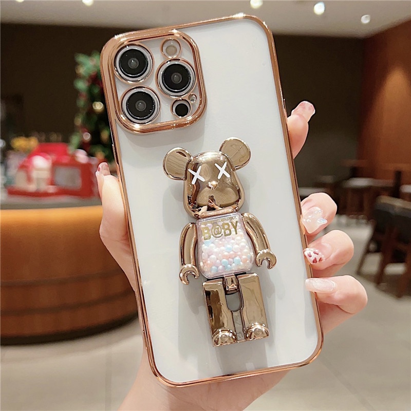 IPHONE Plating multi-Fungsional violent bear bracket Casing Ponsel Transparan Kompatibel Dengan Iphone14 13 12 11 Pro Max14 Plus Casing Soft shockproof Anti Jatuh