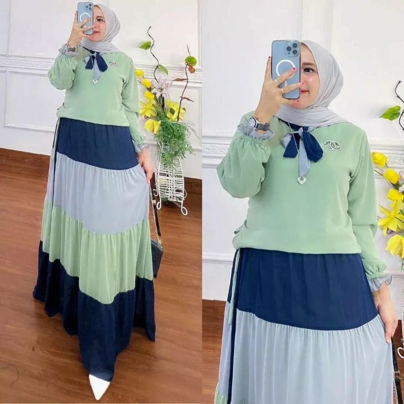 Baju Wanita Gamis Kekinian Tiara Dress Ceruty Babydoll Full Furing Gamis Pesta Mewah Elegan Fashion Muslim Long Dress Jumbo