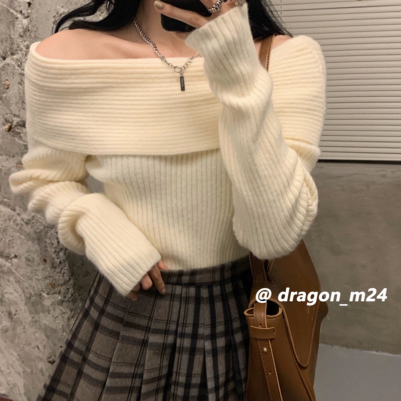 Suhao abu-abu one-shoulder sweater wanita musim gugur dan musim dingin 2022 baru gaya malas wanita elegan slim off-the-shoulder sweater rajutan lengan panjang