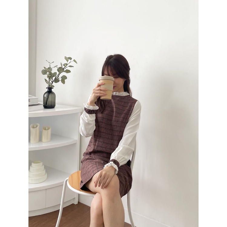 D-0189 Dress Tweed Korea Frill Neck