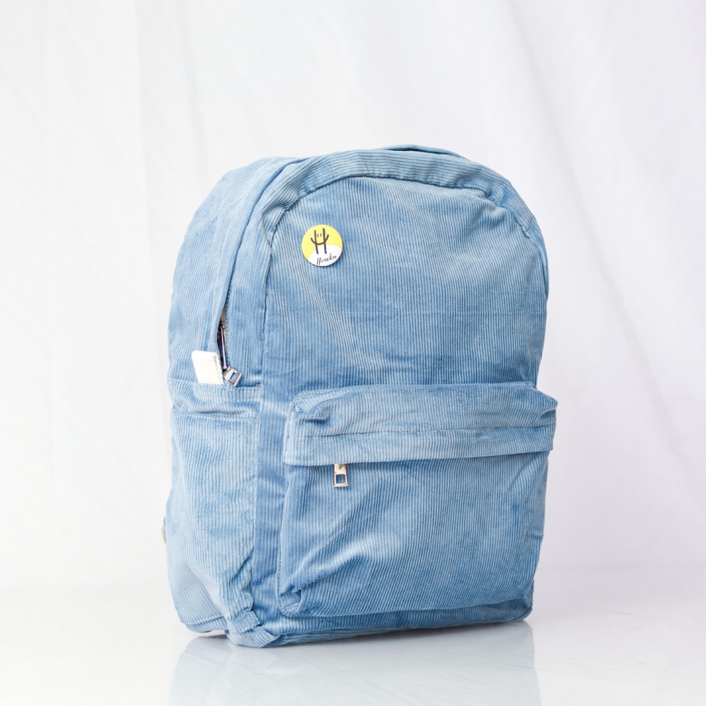 Himeku OOGIE PIN Backpack Corduroy Tas Ransel Tas Sekolah Tas Gendong-Steel Blue