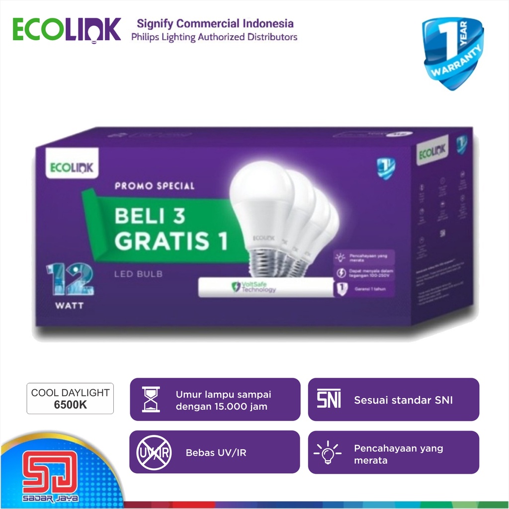 Paket Beli 3 Gratis 1 ECOLINK Lampu 12W LED 12Watt Bulb Bohlam 12 Watt - 6500K Cool Daylight Putih