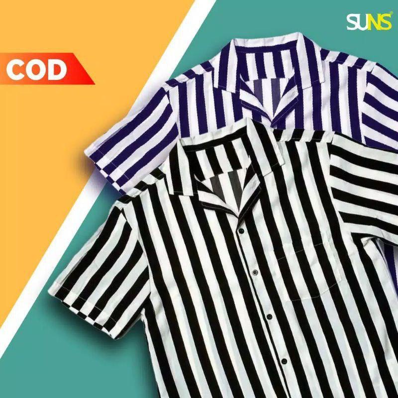 Kemeja Salur Pria Kemeja Lengan Pendek Kemeja Stripe Kemeja Terbaru Kerah V Neck Kemeja Cowok Kekini