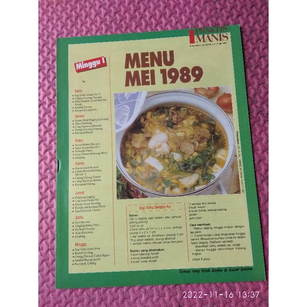 Booklet Masakan  copotan Majalah Femina Lawas  Mei 1989