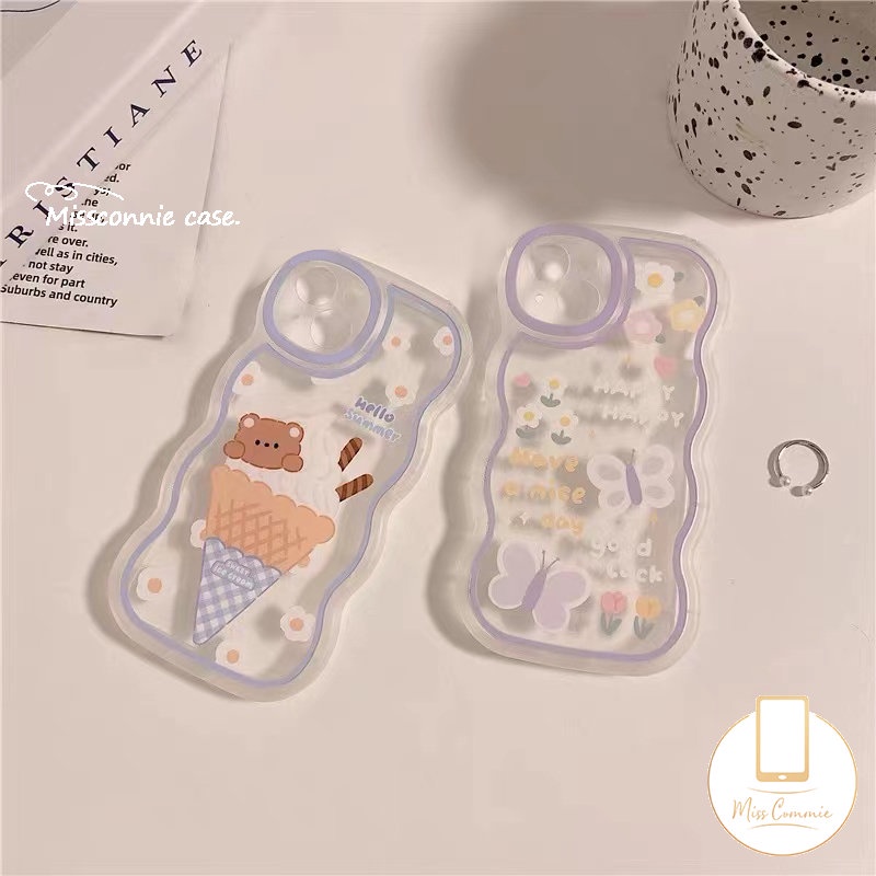 Case Samsung A04s A53 A04 A52 A51 A03 A04E A12 A13 A50 A31 A52s A23 A22 A32 A03s A14 A21s A20 A50s A02s A30s A11 Romance Butterfly Kartun Ice Cream Bear Lucu Lembut Bergelombang Penutup Tepi