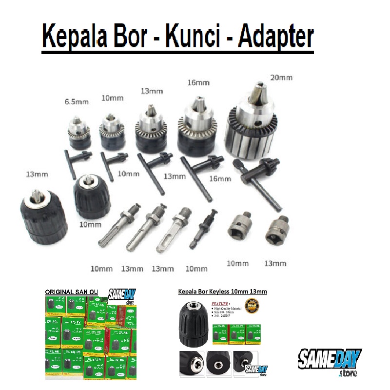 San Ou Kepala Bor 10mm 13mm Self Locking Keyless Drill Chuck As 3/8 24unf 1/2 20unf M10 Gerinda  Bor