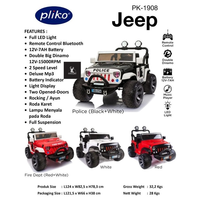 Mainan Mobil Aki Anak Pliko Jeep Rubicon PK 1908N stock ada
