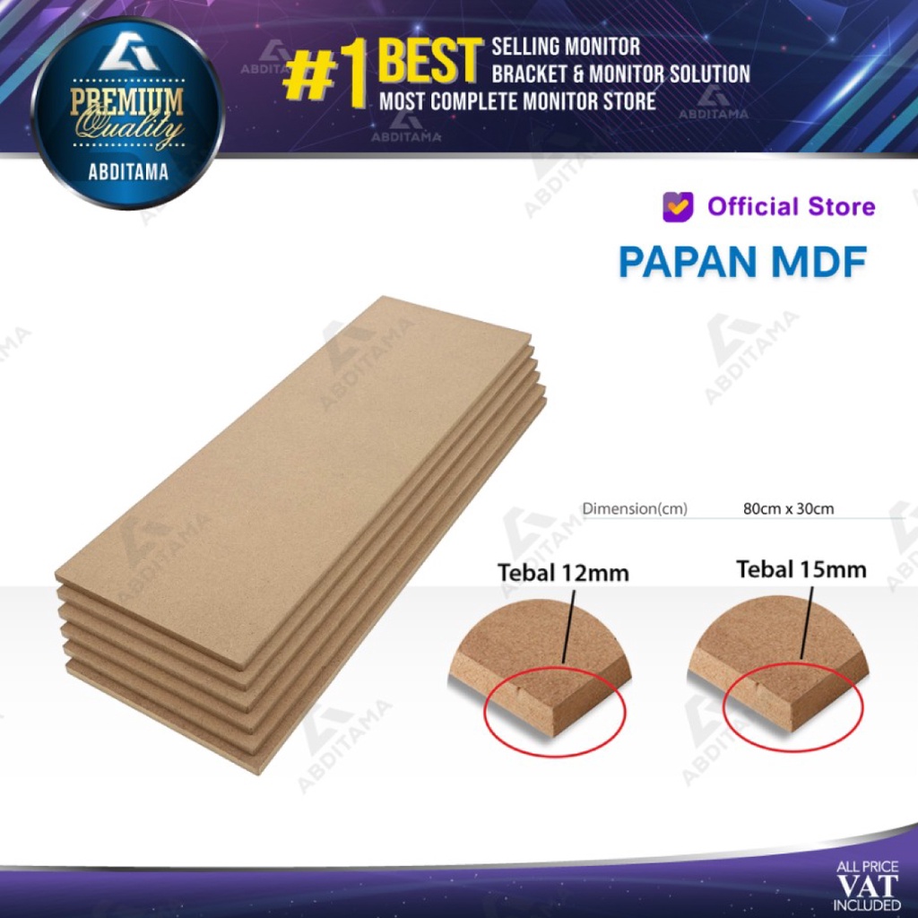 Papan MDF kuat awet tebal 12mm dan 15mm 30x80cm