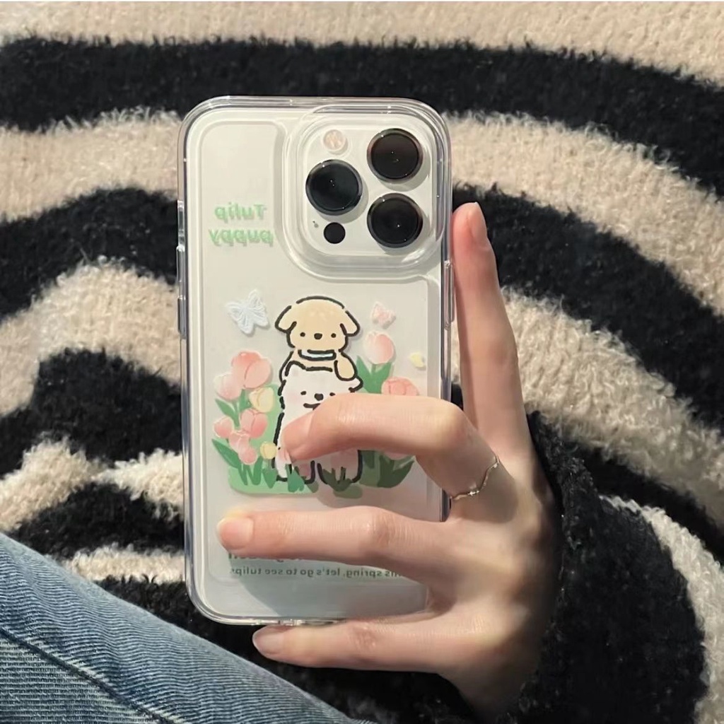 IPHONE Tulip Puppy Soft Case Kompatibel Untuk Iphone14 13 12 11 Pro XS Max XR X8 7 Plus Casing Ponsel Transparan TPU Silikon Shockproof Cover