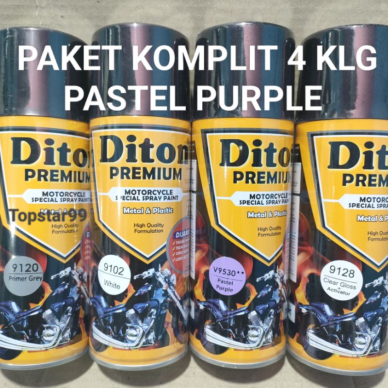 Pilok Cat Diton Premium Paket Komplit 4 Kaleng Pastel Purple Ungu Pastel 9530  Primer Grey 9120 White 9102 Clear Gloss 9128 400cc Pilox Paketan Cat Semprot Special Spray Paint