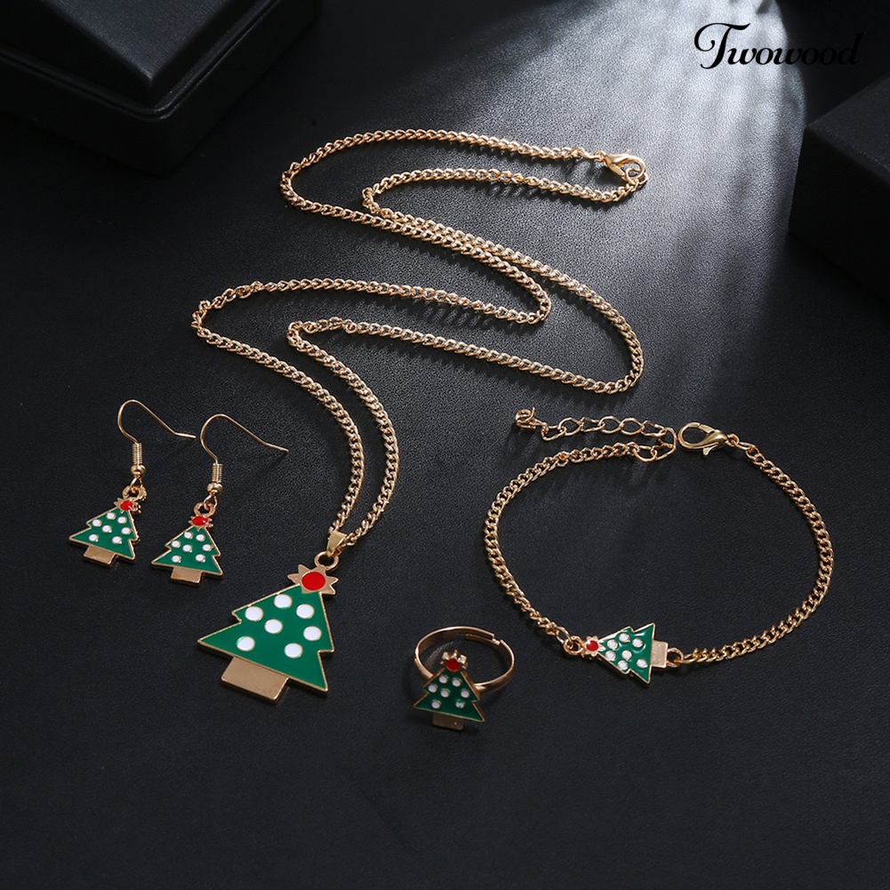 Set Perhiasan Kalung Gelang Cincin Anting Bentuk Pohon Natal Santa Elk Bell Untuk Wanita