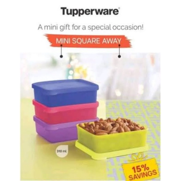 Tupperware Mini Square Away @90 ml (4 Pcs) // Wadah Kotak Kecil Serbaguna Makanan Lauk Pauk Snack Ba
