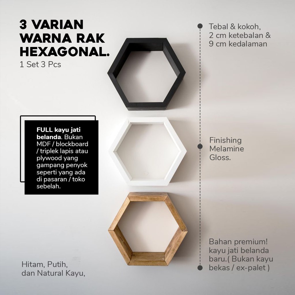 Rak Hexagonal Segi Enam Minimalis Rak Dinding Kayu Hiasan Rumah Kantor Modern Termurah R3