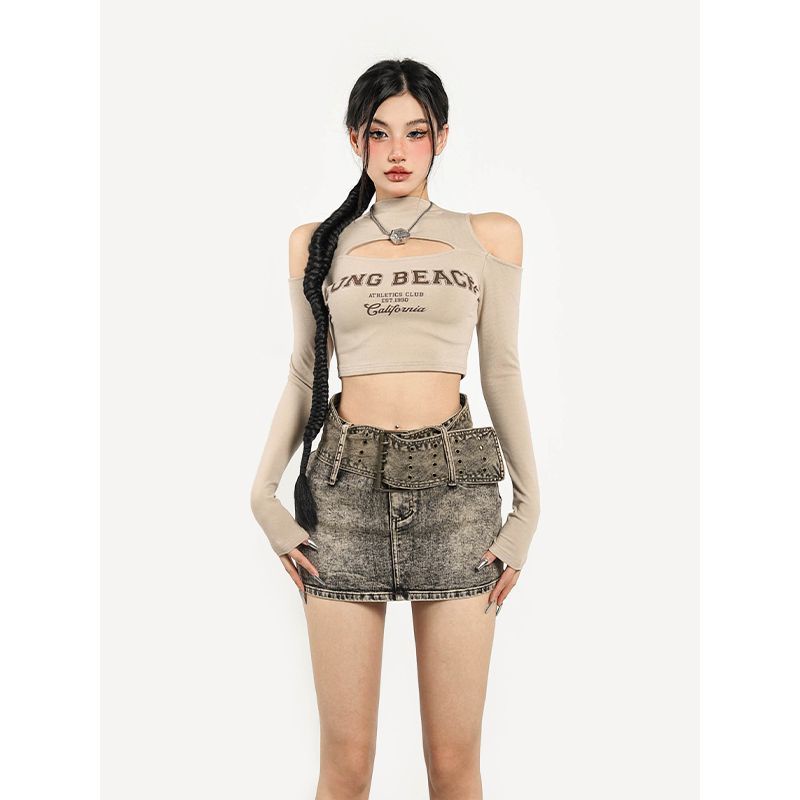 Suhao awal musim gugur baru manis dan keren gadis panas off-the-shoulder hot girl berongga lengan panjang T-shirt niche desain chic atasan pendek ins