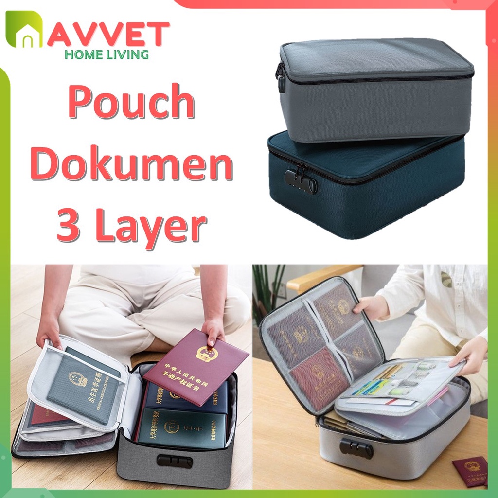 AVVET Tas Penyimpanan Dokumen 3 Layer Storage Bag Sertifikat File Tempat Dokumen Penting Tas Multifungsi Travel Bag Portable