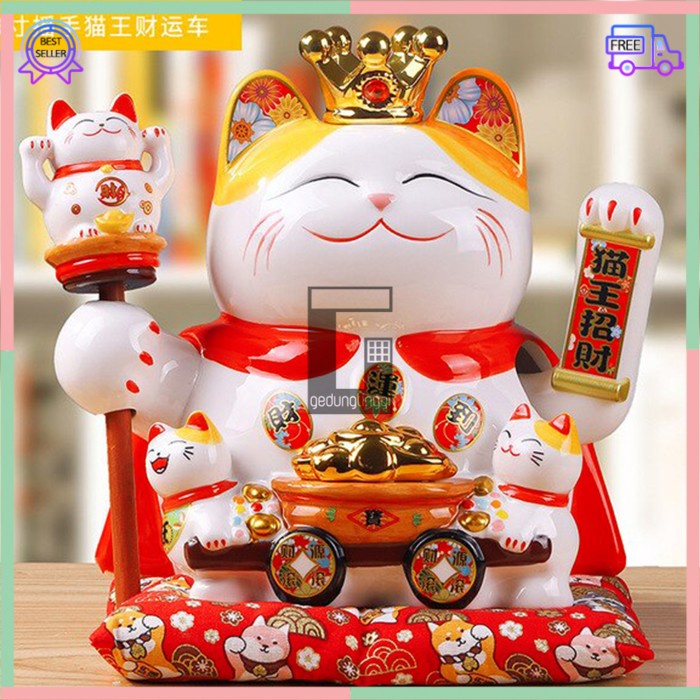 Patung Pajangan Boneka Dekorasi Hiasan Kucing Bawa Panggil Rejeki Rezeki Hoki Maneki Neko Maneko Neki ManekiNeko Lucky Cat Keberuntungan Keramik Tangan Goyang Gerak Meja Kasir Toko Restauran Cina China Jepang XL Jumbo Besar Listrik Baterai Batrai Batre