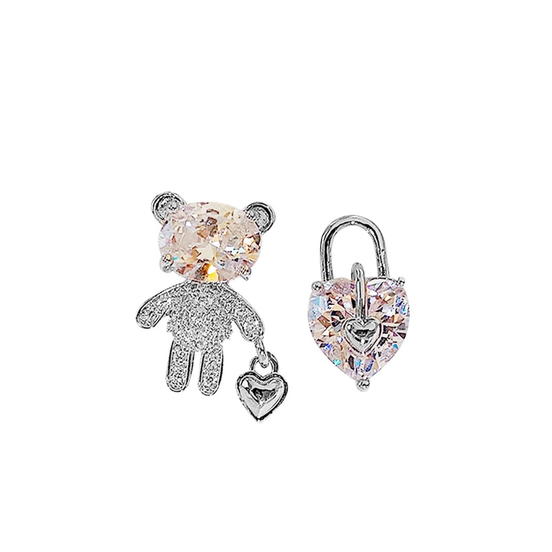 Fancyqube Anting Stud Zircon Bentuk Hati Beruang Asimetris Geometris Unik Elegan Untuk Wanita
