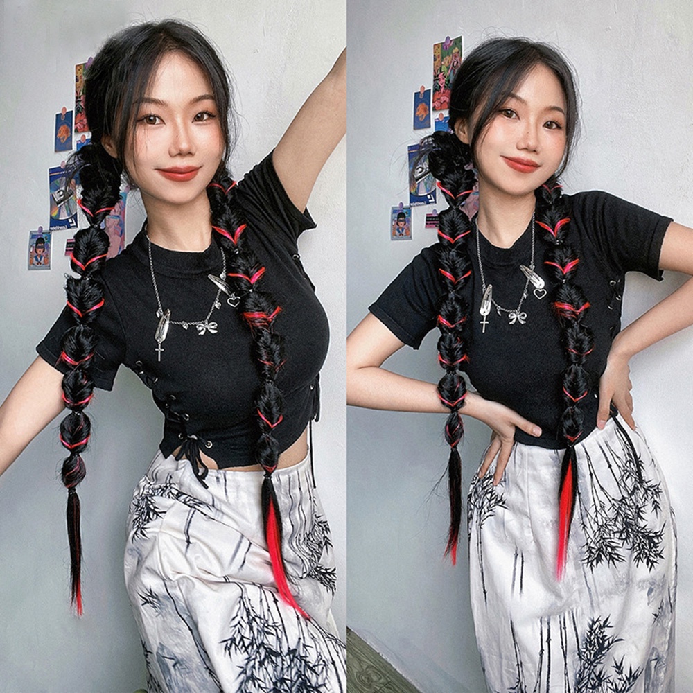 1 Pasang Rambut Palsu Model Kepang Panjang 60cm Warna Merah Untuk Wanita