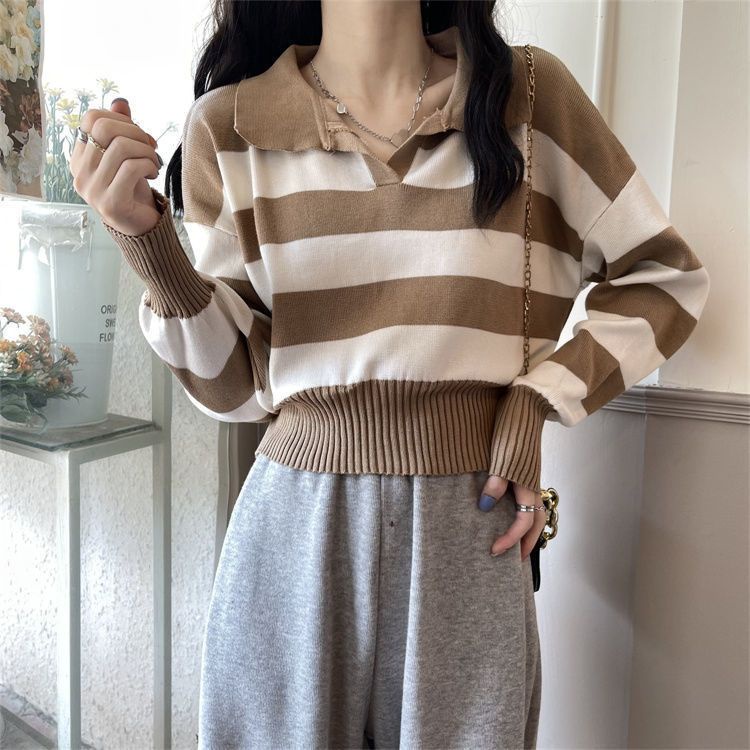 Kaos Stripe Rajut Wanita Lengan Panjang Korean Style Shirt Collar Baju Garis Garis Wanita