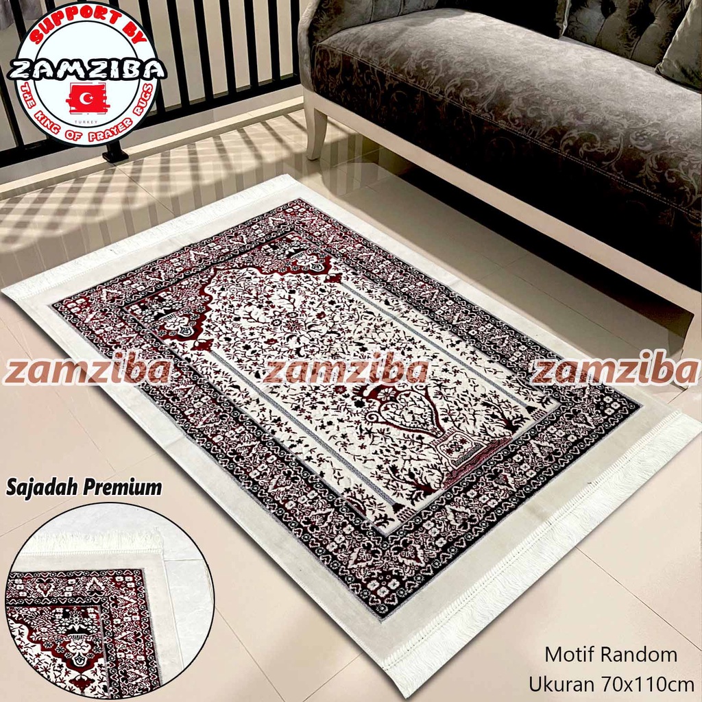 Sajadah Turki Premium Bahan Halus Warna Putih Motif Random Perlengkapan Sholat Sejadah Zamziba