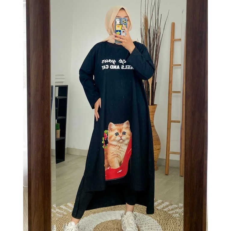 Midi dress muslim Heels and cat midi dress Bahan kaos katun combed 24s Aplikasi sablon ukuran s- xxl ld 90 - 120 cm Pakaian wanita muslim Baju dress wanita model  terbaru 2023 Gamis wanita kekinian Long tunik jumbo Kaos tanggung remaja warna hitam