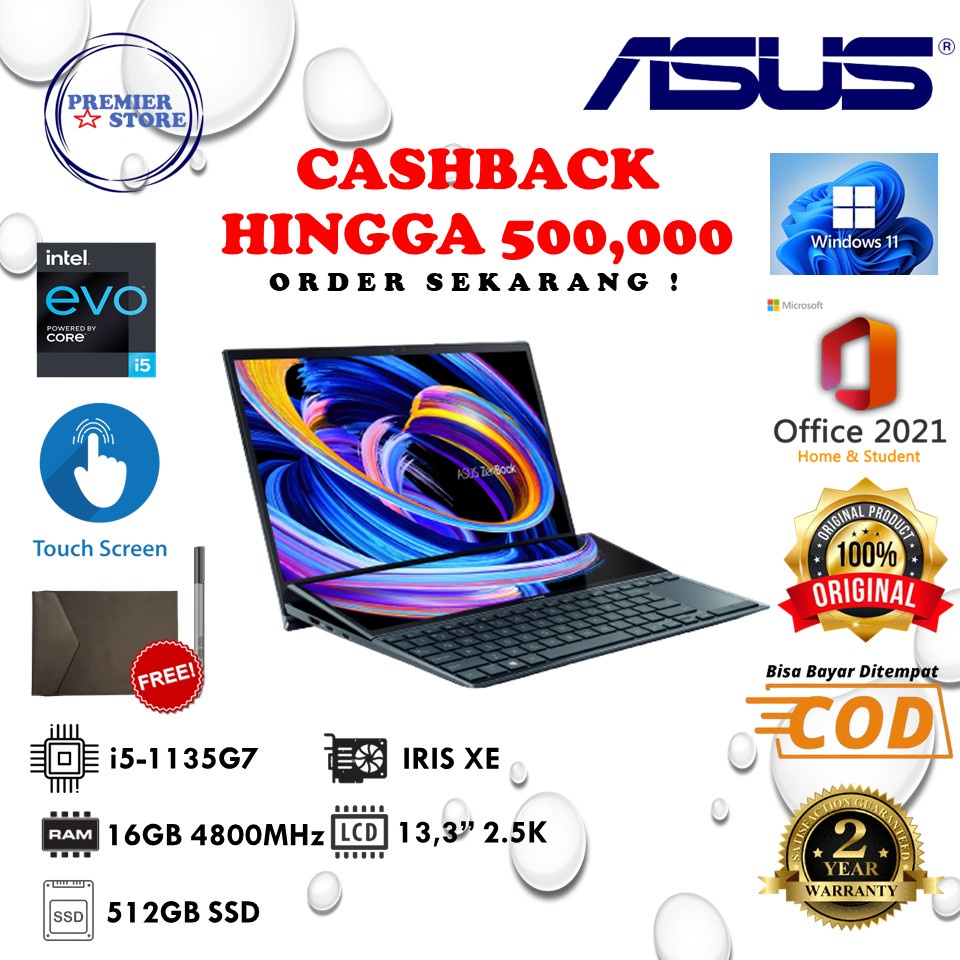 Asus Zenbook Pro DUO UX482EA i5 1135G7 8GB 512GB SSD IRIS XE TOUCH SCREEN WIN 11 + OHS