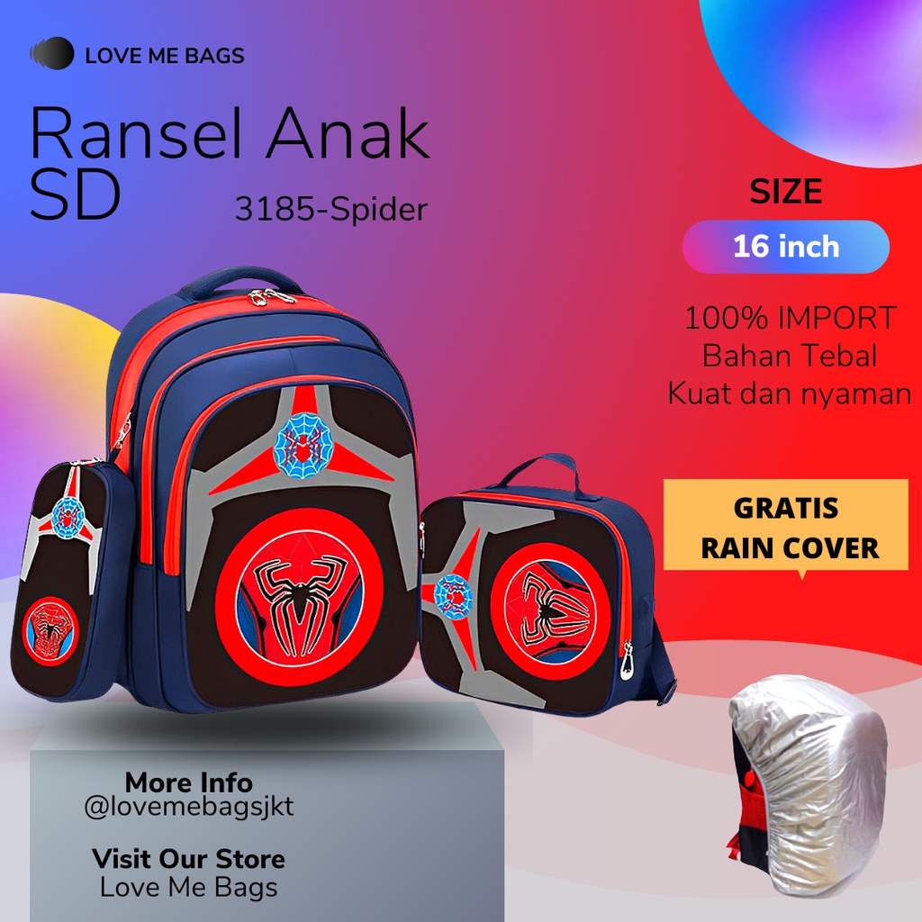 LMB Tas Sekolah Anak Laki Sd Import Set 3 Karakter Superhero Bagian Depan Timbul 6D Bahan Nilon Premium Kuat Dan Tebal