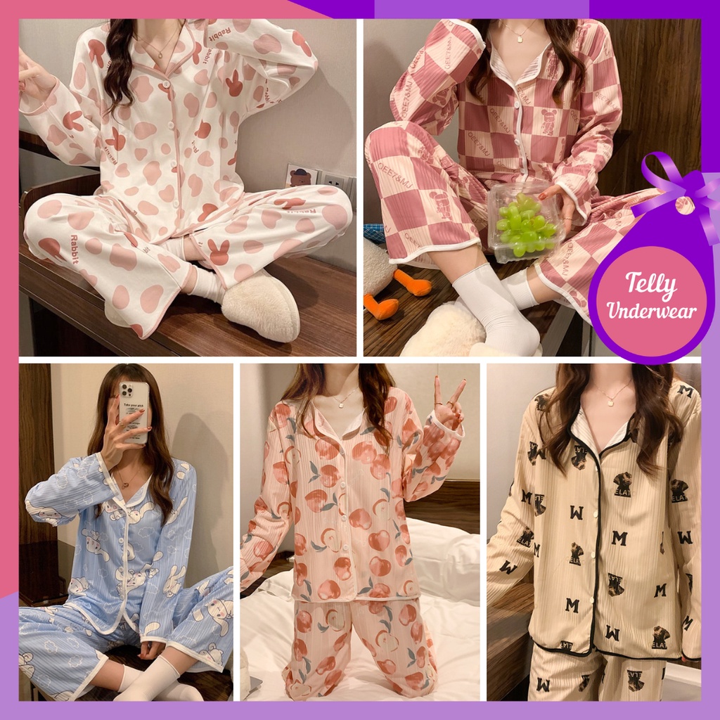 TELLY ➡️ 342 Set Baju Tidur Wanita Dewasa Celana Panjang Piyama Model Kemeja HP Import Korea Motif Kekinian