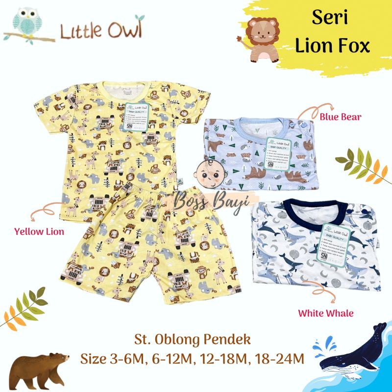 LITTLE OWL Setelan Oblong Pendek Kancing Pundak Bayi Anak 6-12M 12-18M 18-24M 24-36M Motif Boy