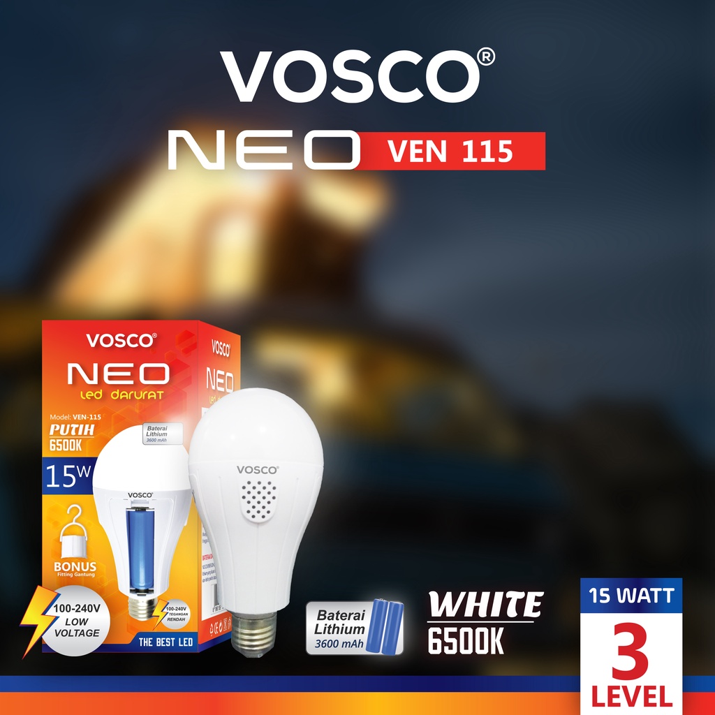 [COD] PROMO LAMPU LED EMERGENCY MURAH AC / DC MERK VOSCO 15 WATT 3 MODE TAHAN HINGGA 8 JAM! BONUS FITTING GANTUNG ON - OFF DAN BISA DI GANTI BATERAINY FREE ONGKIR