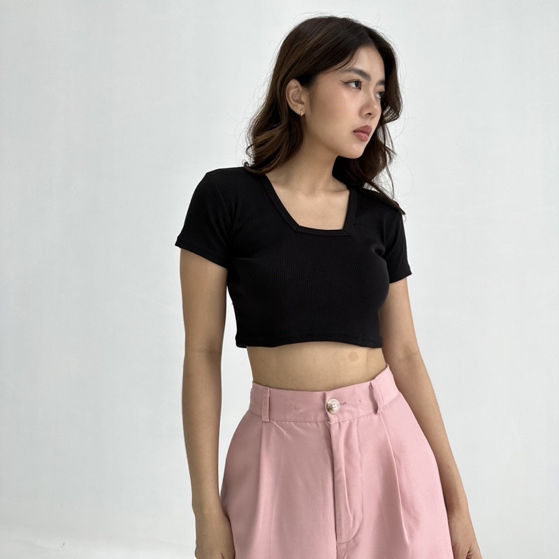 HAE TOP - POSHA Ribbed Knit Kaos Crop Top Assymetric Cut Out Top Summer Kotak Atasan Wanita Stretch Rib Knit