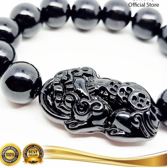 Gelang Batu Giok Hitam Black Jade Cina Asli 13mm Bandul Pixiu - VeE