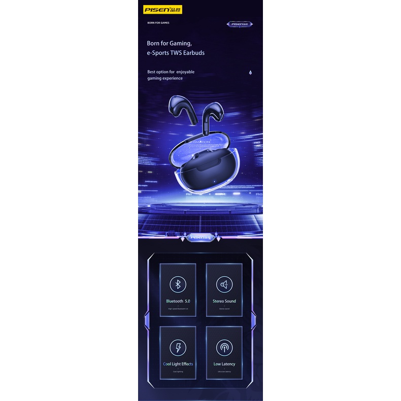 pisen e-sport TWS earbuds gaming earphone True Wireless Earphone  Insulasi suara kualitas suara in-ear fidelity dan pengurangan kebisingan(Born for gaming)