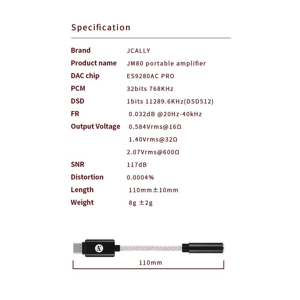 JCALLY JM80 ES9280AC Pro HiRes Audio Dongle 32 bit 768Khz DSD512