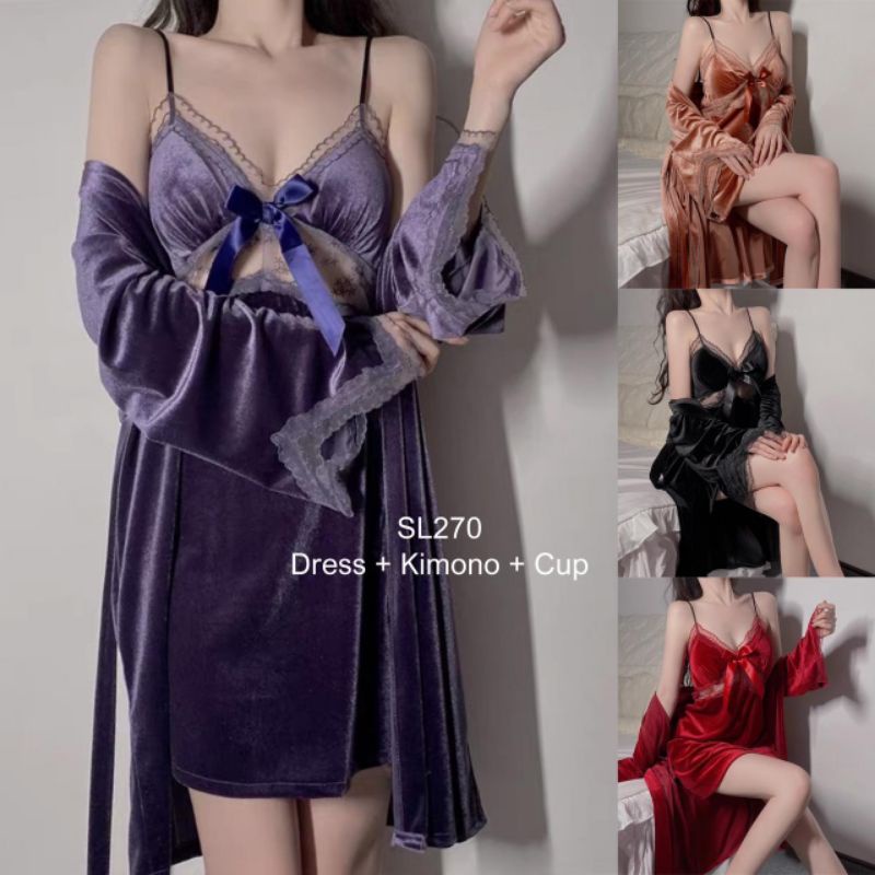 SA Sexy lingerie kimono 2in1 baju tidur sexy wanita / Lingerie sexy bahan velvet / Sexy lingerie
