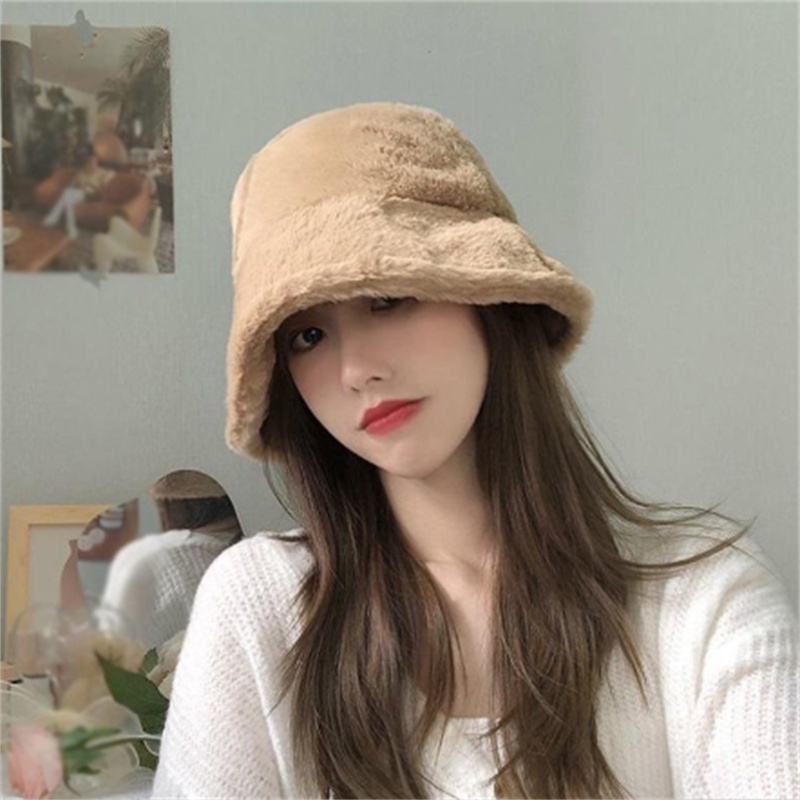 【COD Tangding】Topi Bucket Wanita Bahan Bulu Kelinci Warna Polos Gaya Korea Untuk Musim Dingin