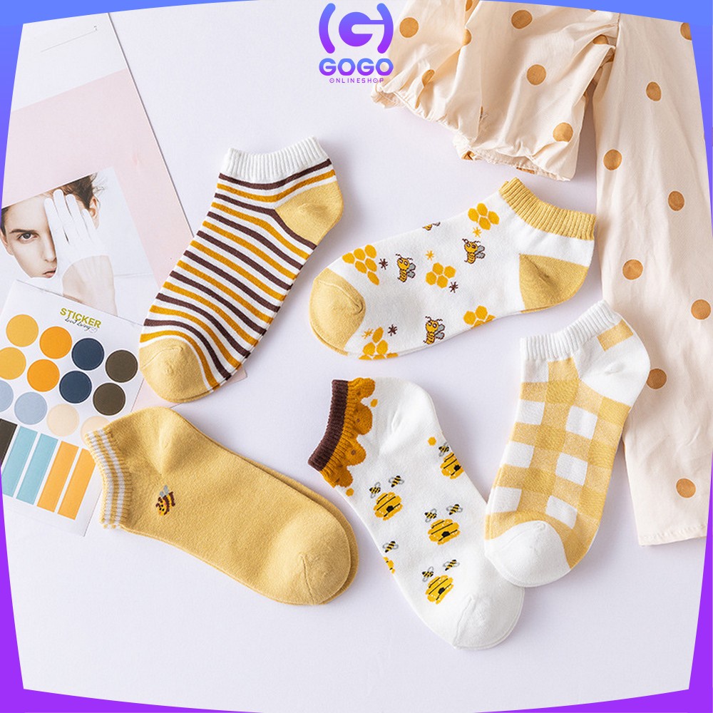 GOGO-P188 Kaos Kaki Pendek Wanita Motif Kuning Lebah Gaya Korea / Kaus Kaki Semata Kaki Wanita Dewasa / Bee Ankle Sock Fashion Korean Style