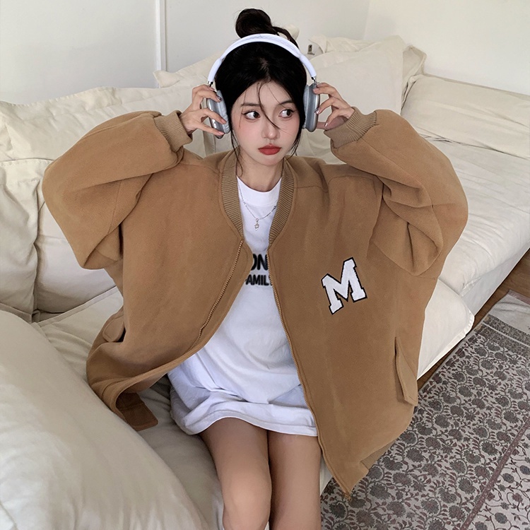 Red American letter bordir bisbol seragam kardigan sweater wanita musim gugur dan musim dingin plus beludru menebal kuliah gaya longgar ceruk atas tren