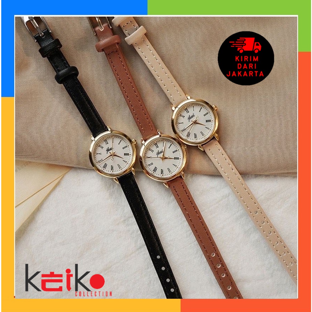 ANKL001 Jam Tangan Quartz Strap PU Analog Casual Gaya Retro Wanita Bulat Watch Korean Fashion