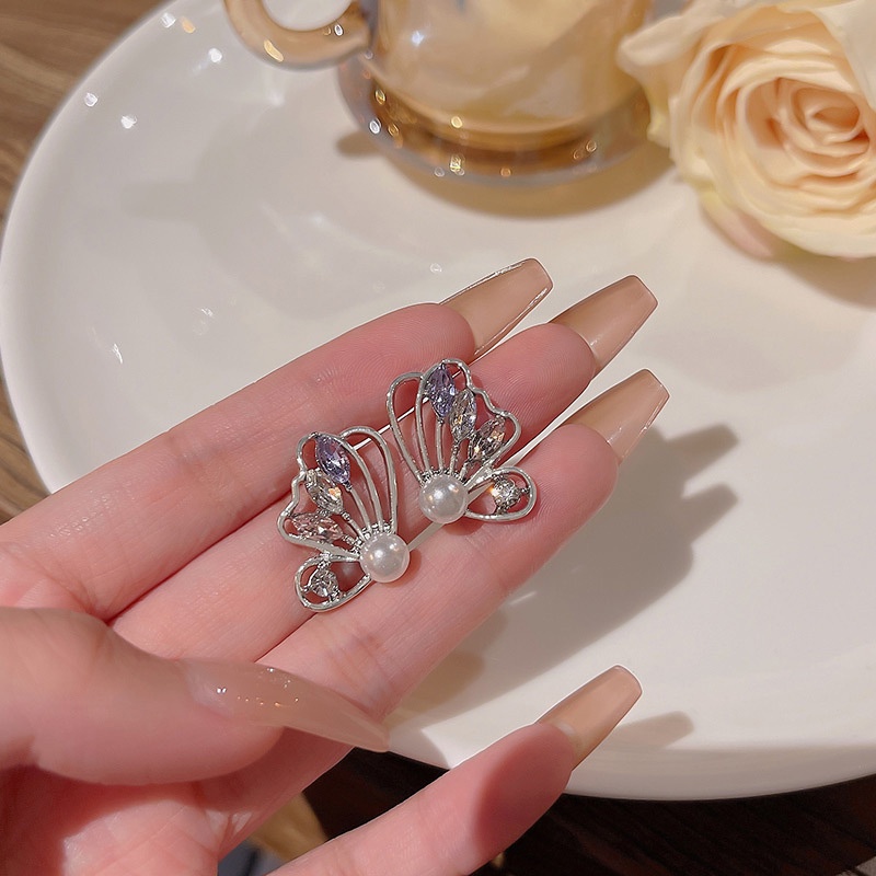 Anting Tusuk Sterling Silver 925 Desain Kupu-Kupu Hias Zircon + Mutiara Mewah Untuk Wanita