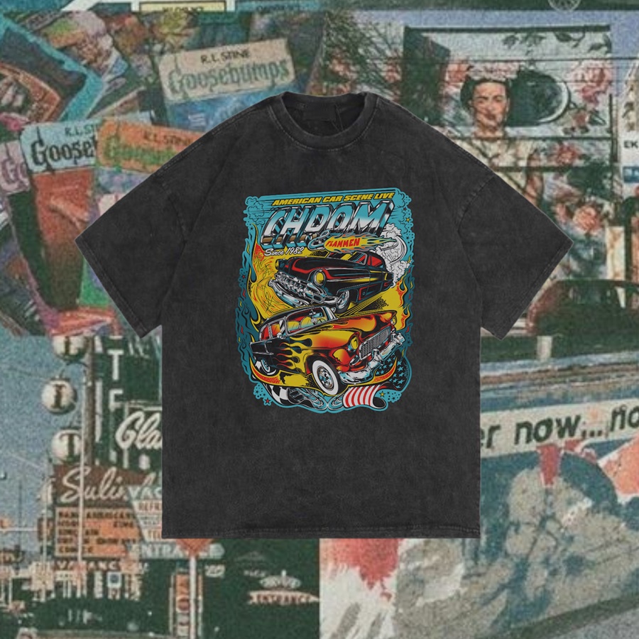 HAPI BASIC "Nascar Chrom Old School Car" JDM T-Shirt | Stone Wash | Kaos Nascar Chrom and Flammen OL