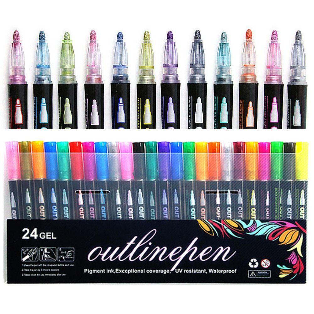 Top8 /12/24PCS Pen Garis Ganda Akun Tangan Graffiti Fluorescence Pen Watercolor Hand Painted Magic Contour Stabilo Pen