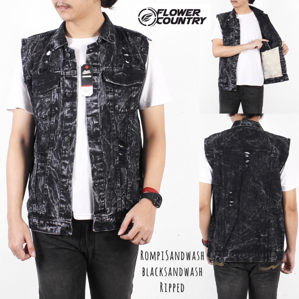 TURUN HARGA ! Jaket Jeans Pria Rompi Sobek Snow Black Sanwash / Jaket Rompi Motor Bikers / Jaket Rompi Ripped Jeans